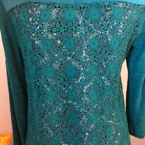 Anthropologie Jewel Tone Green Crochet Combo Top Floral Flowers Popover Small